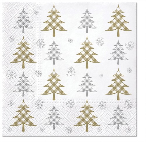 20 Servietten Christmas Tree Check gold and silver - Karierte Bäume gold-silber 33x33cm