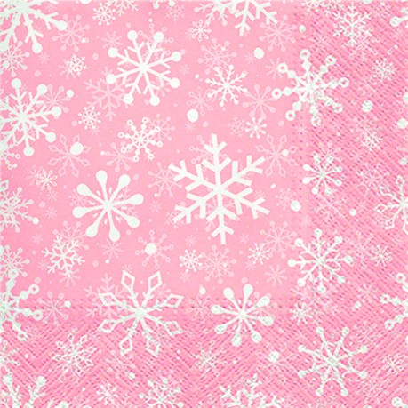 20 Servietten Christmas Snowflakes rose - Weiße Schneeflocken auf rosa 33x33cm