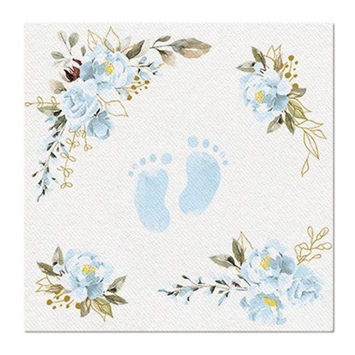 50 Servietten stoffähnlich Baby Feet light blue Babyfüße um Blumen hellblau 40x40cm