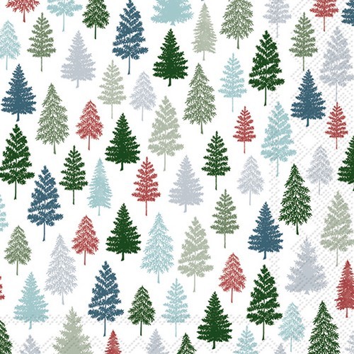 20 Servietten Nordic Forest - Waldbäume in blau / grün / rot 33x33cm