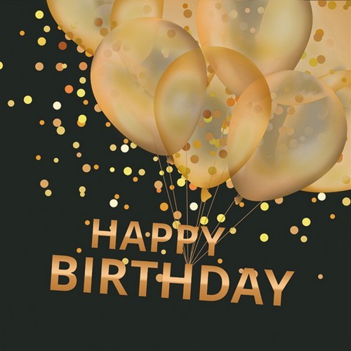 20 Servietten Gold Balloons Happy B-Day on Black - Ballons zum Geburtstag schwarz 33x33cm