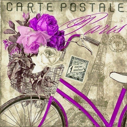 20 Servietten Carte Postale Paris - Fahrrad pink an Eiffelturm 33x33cm
