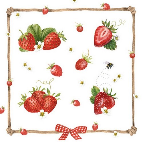 20 Servietten Strawberry & Bumblebee - Erdbeeren im Rahmen 33x33cm