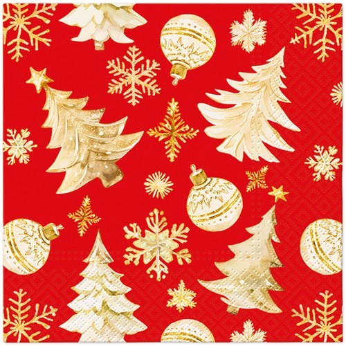 20 Servietten Golden Christmas Trees red - Weihnachtsornamente gold auf rot 33x33cm