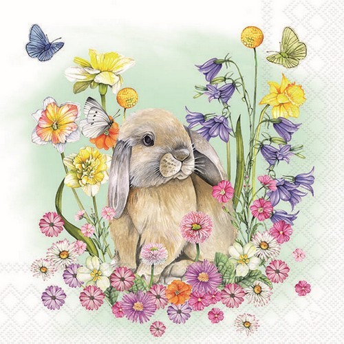 20 Servietten Little Rabbit - Hase zwischen Frühlingsblumen 33x33cm
