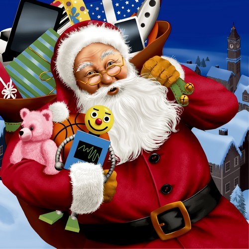 20 Servietten Santa with Toys - Weihnachtsmann mit Geschenkesack 33x33cm
