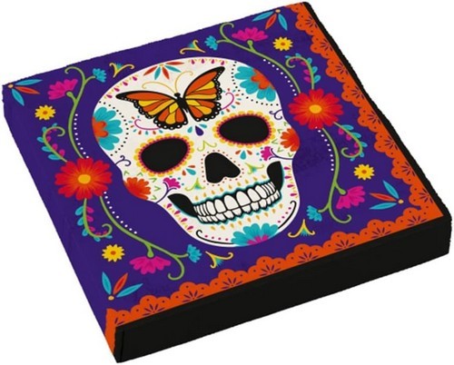 16 Day of the Dead napkins - skull with floral pattern 33x33cm
