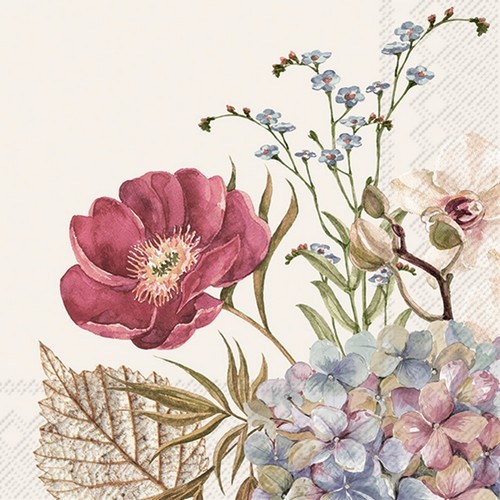 20 Servietten Belles Fleurs cream - Dezente Blumen und Gräser 33x33cm