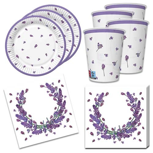 36-piece table decoration set lavender wreath - plates, cups, napkins