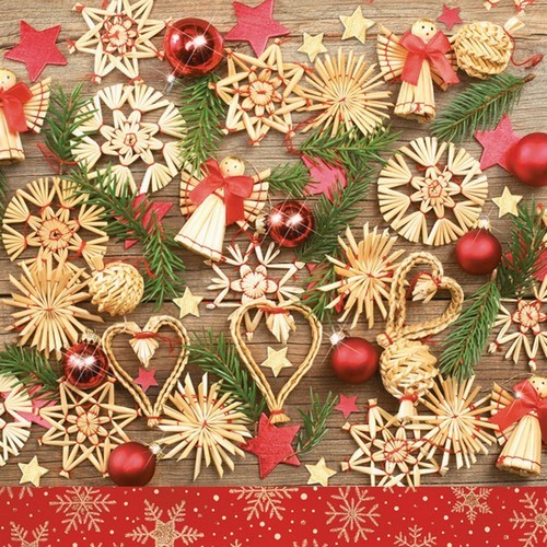 20 Servietten Christmas Wooden Decorations - Strohsterne und Weihnachtsdeko 33x33cm