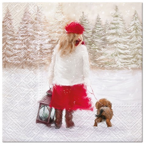 20 Servietten Winter Walk - Mädchen mit Hund im Winter 33x33cm