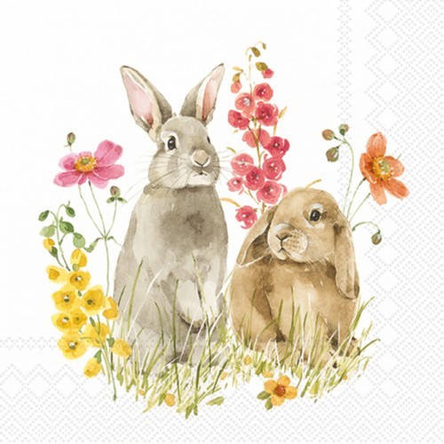 20 napkins Hop on Spring - Rabbits on discreet flowers 33x33cm