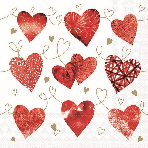 20 napkins Ten Hearts - Red hearts with pattern 33x33cm