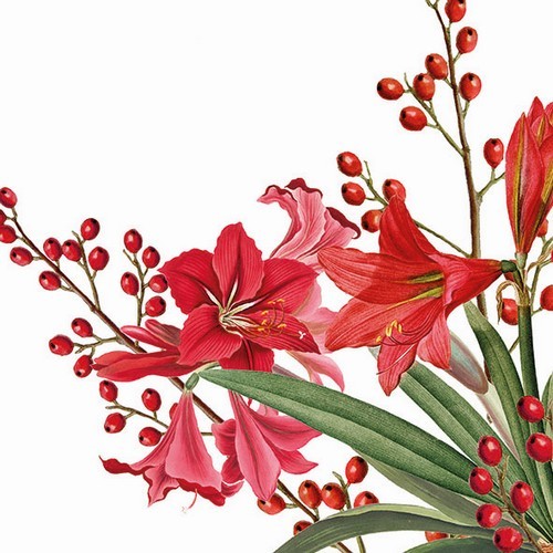 20 Servietten Christmas Bouquet white - Amaryllis und Beeren 33x33cm