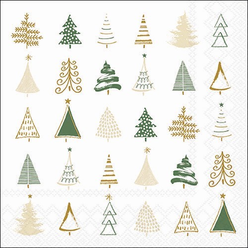 20 Servietten Christmas Tree Doodles green - Moderne Baumformen grün-gold 33x33cm