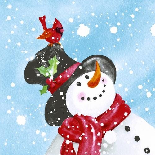 20 Servietten Happy Snowman - Schneemann freut sich über Vogel 33x33cm