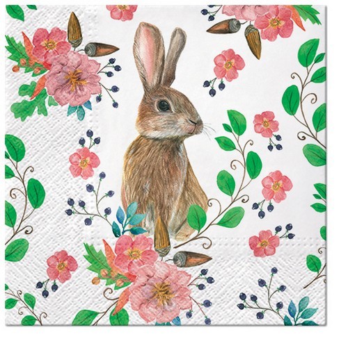 20 Servietten Rabbit Berries - Hase an grünen Blättern und Blüten 33x33cm