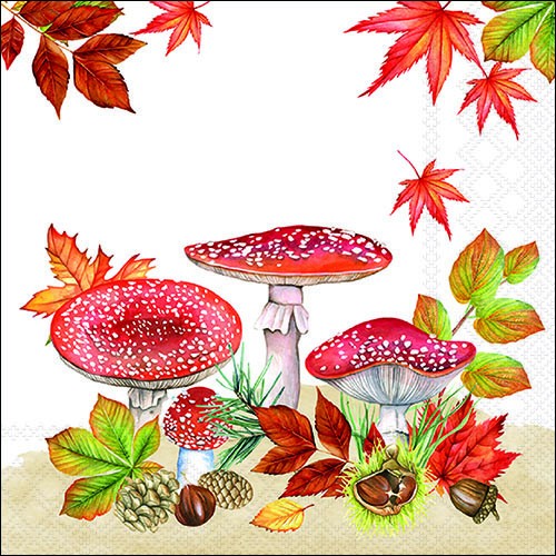 20 Servietten Fly Agaric Group - Fliegenpilze an Herbstblätter 33x33cm