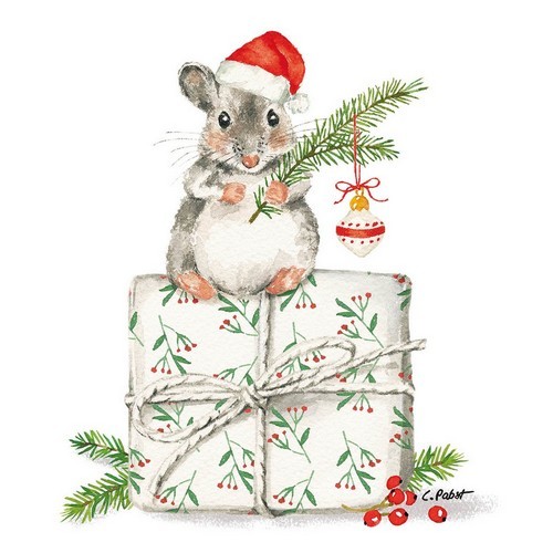 20 napkins Christmas Fridolin - Christmas mouse on a present 33x33cm
