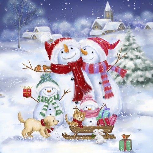 20 Servietten Snowman Family with Pets - Familie Schneemann mit Tiere 33x33cm