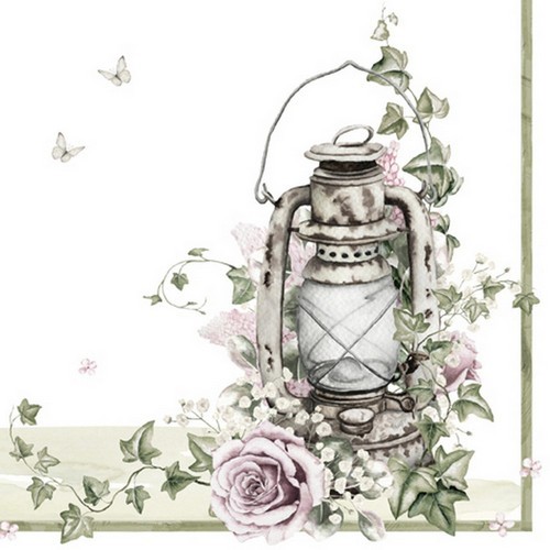 20 Servietten Shabby Rose & Lantern - Rose an Vintage-Laterne 33x33cm