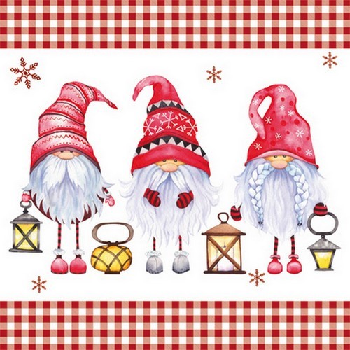 20 Napkins Scandinavian Gnomes - Funny gnomes on check red 33x33cm