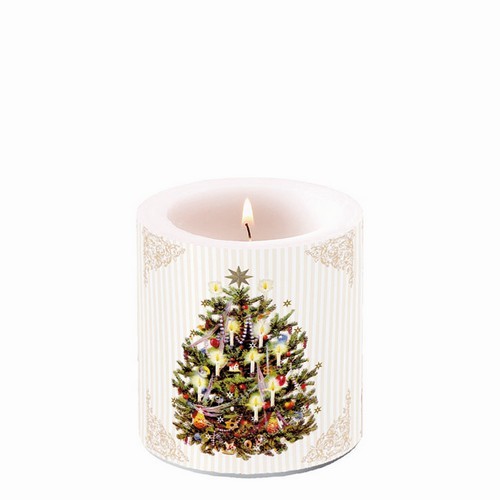 Kerze rund klein X-Mas Tree - Weihnachtsbaum an goldene Ornamente Ø 7,5cm, Höhe 9cm