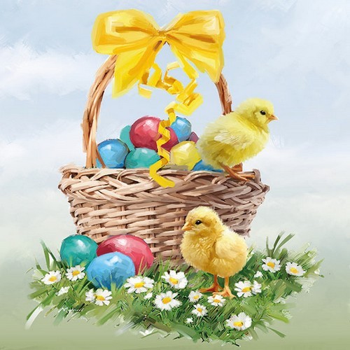 20 Servietten Easter Basket - Küken auf Ostereierkorb 33x33cm