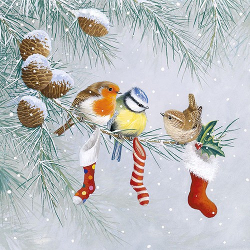 20 Servietten Christmas Socks - Vögel und Weihnachtssocken 33x33cm