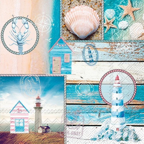 20 napkins Roderik - collage of lighthouse and shells 33x33cm