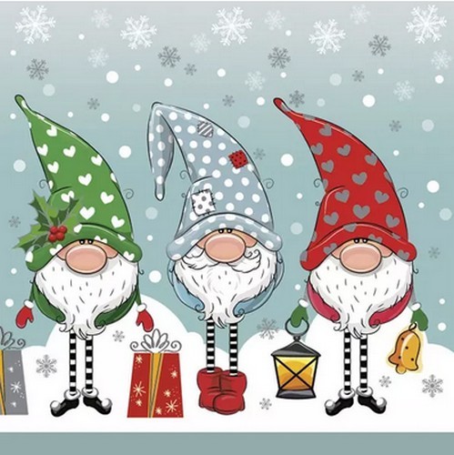 20 Funny Gnomes napkins - Secret Santa friends in the snow 33x33cm