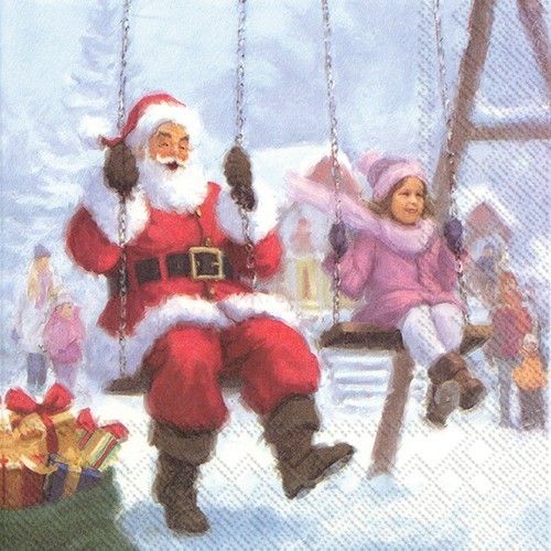 20 Servietten Santa on the Swing - Weihnachtsmann beim Schaukeln 33x33cm