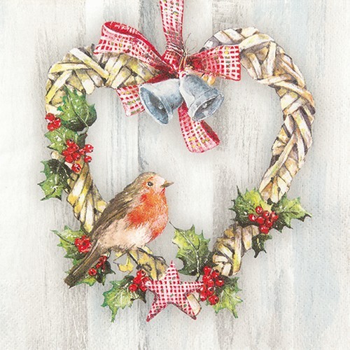 20 Servietten Robin in Heart - Vogel im Weihnachtsherz 33x33cm