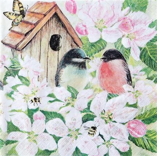 20 Servietten Birds and Blossoms - Vogelhaus an Blüten 33x33cm