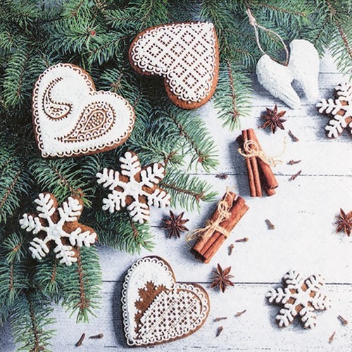20 Servietten Sweet Hearts - Weihnachtsherzen an Zweige 33x33cm