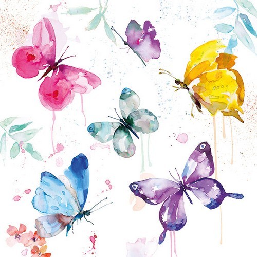 20 napkins Butterfly Collection white - Butterflies painted in colors 33x33cm