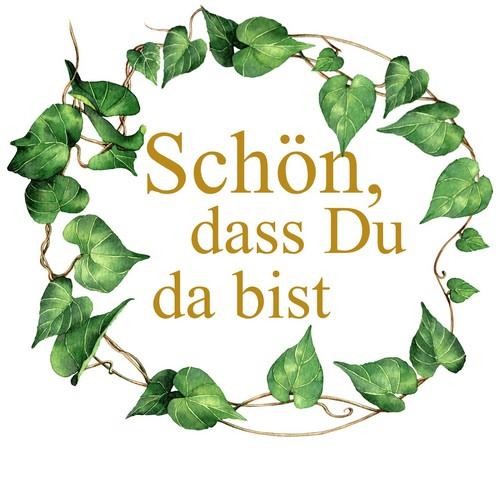 20 Servietten Green Leaves and "Schön" gold - Grüne Blätter um Spruch gold 33x33cm