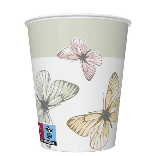 8 Pappbecher Light Butterflies - Fliegende Schmetterlinge pastell 250ml Ø5,5-8cm, H9cm