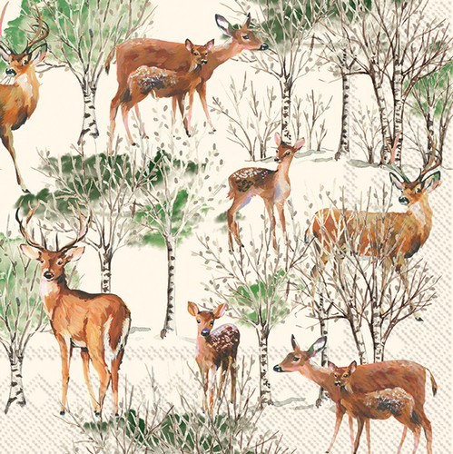 20 Napkins Deer Grove cream - deer families in birch forest 33x33cm