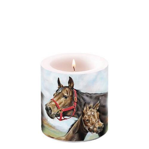 Kerze rund klein Horse Love - Liebevolle Pferdefamilie Ø7,5cm, Höhe 8cm
