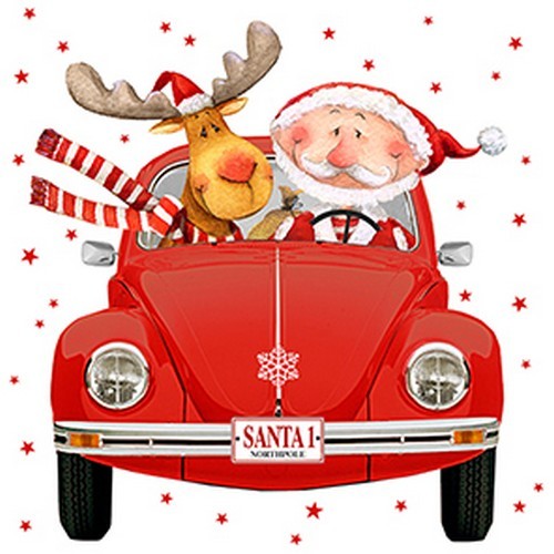 20 Servietten Santas red Car - Santa und Elch im Auto 33x33cm