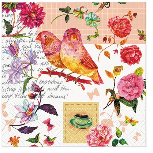 20 Servietten Floral Poetry - Vögel an Blüten und Blumen 33x33cm
