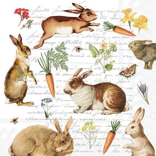 20 Napkins Hare Hunt - rabbits and carrots on writing 33x33cm