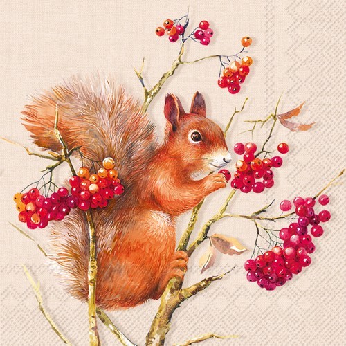 20 Napkins Tammy cream - squirrel finds berries 33x33cm