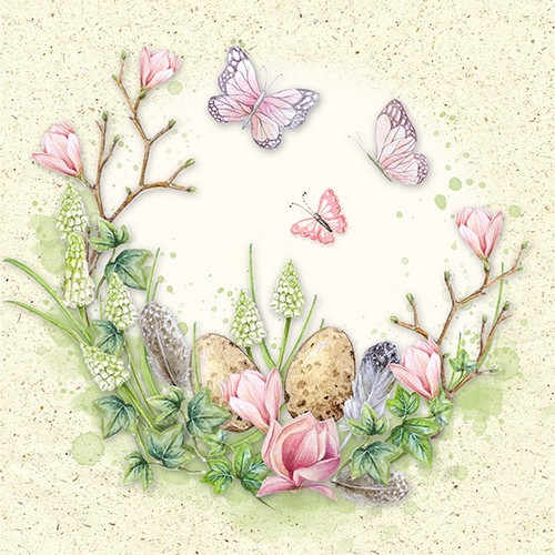 20 napkins pastel wreath - butterflies around spring scene 33x33cm