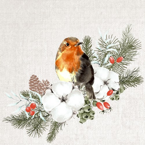 20 Servietten Robin Forest - Rotkehlchen auf Winterzweig 33x33cm