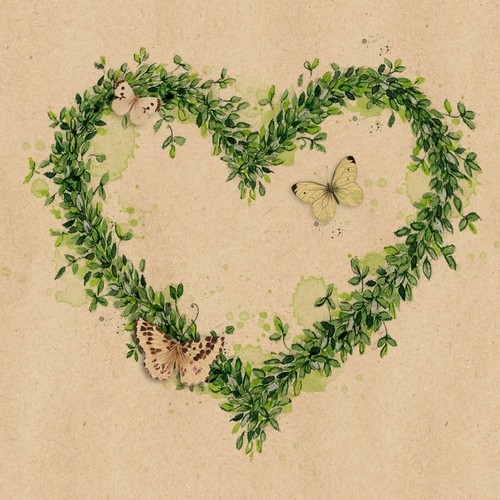 20 recycled paper napkins Green Dream - Green leaf heart 33x33cm
