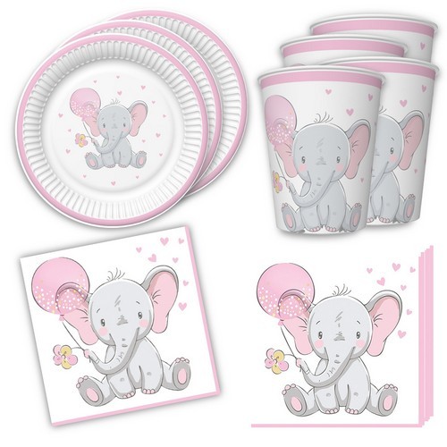 36-teiliges Tischdeko-Set Elephant with pink Ballon - Elefant mit Ballon rosa auf Teller, Becher und