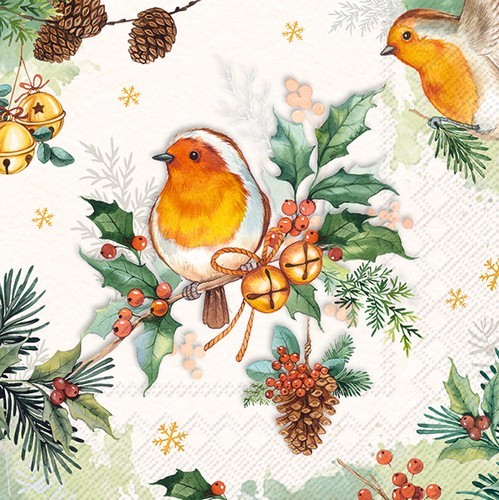 20 napkins Robins Melody cream - Robin on a Christmas branch 33x33cm