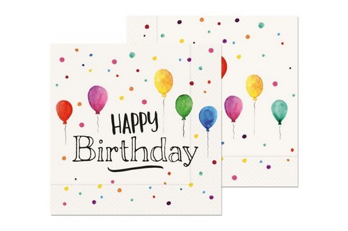 20 Servietten Happy Birthday - mit Konfetti und Ballons 33x33cm